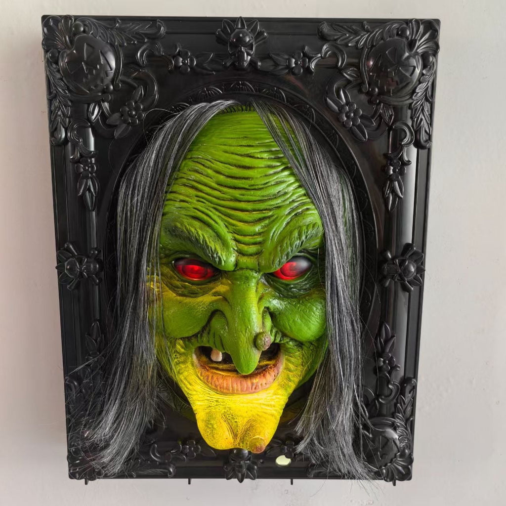 Leeye Motion Sensor Halloween Witch Wall Hanging, Haunted Talking Witch Picture Frame with Sound Activation, Scary Animated Witch Wall Decor for Indoor Party Haunted House