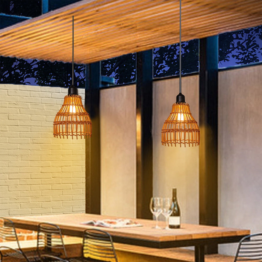 Boho Rattan Pendant Lamp Battery Operated with IP55 Waterproof Rating, Hand-Woven Outdoor Hanging Light for Patio Gazebo Garden Ceiling No Electricity Needed