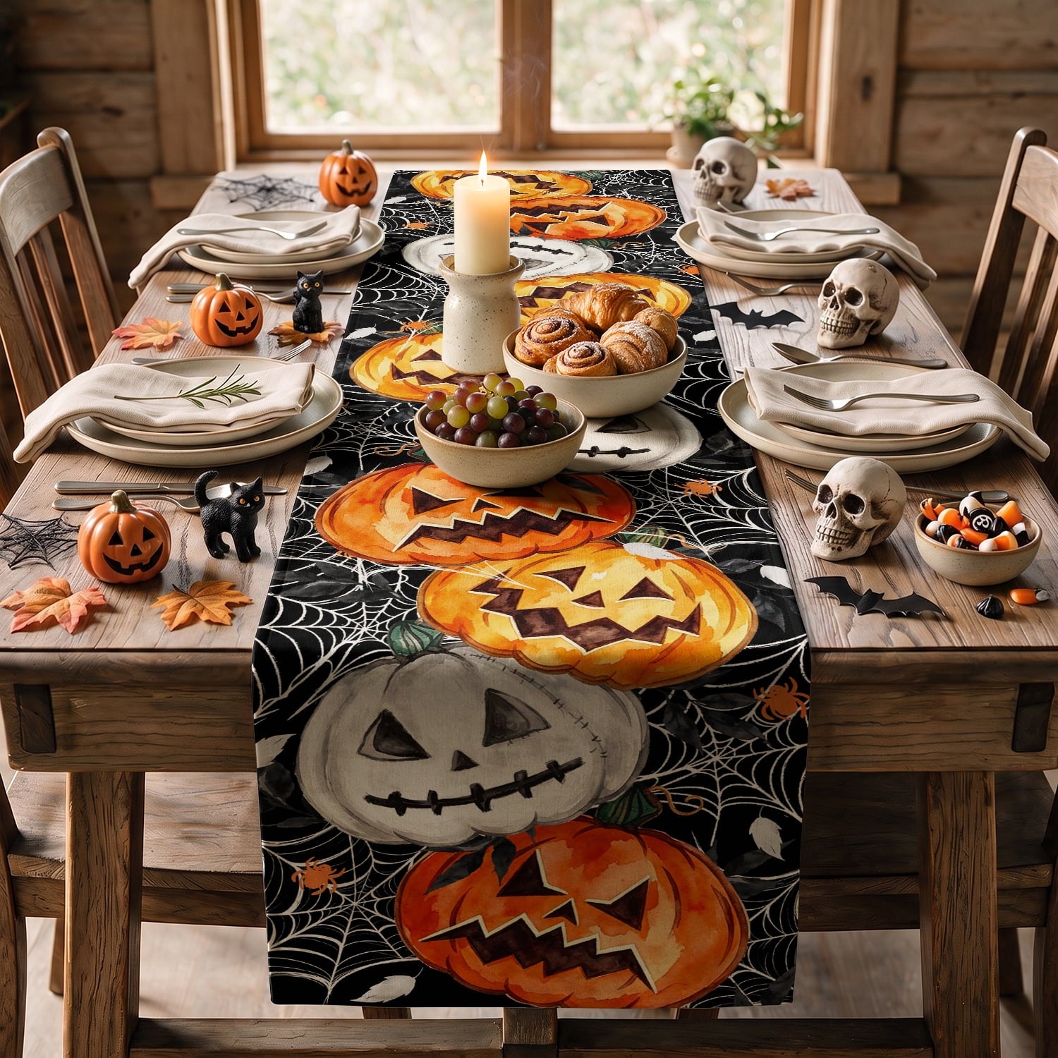 Smile Jack O Lantern Pumpkin Ghost Spider Halloween Table Runner 13 x 72 Inch