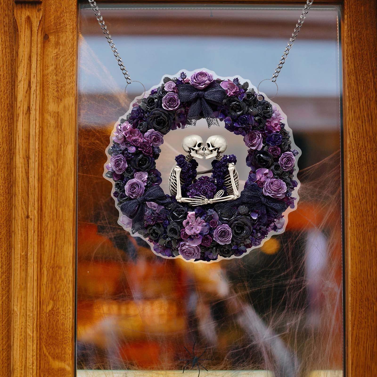 Btomtd Diameter 8" Pumpkin Skull Wreath Halloween Decor Acrylic Round Disk Hanging Ornament with Garland for Front Door Window, A