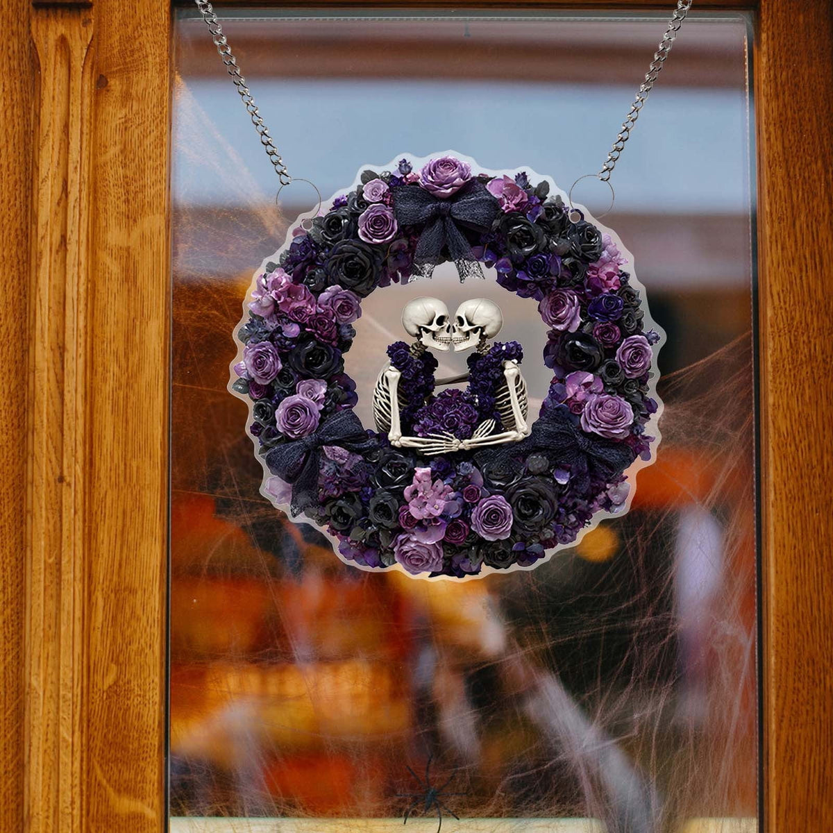Btomtd Diameter 8" Pumpkin Skull Wreath Halloween Decor Acrylic Round Disk Hanging Ornament with Garland for Front Door Window, B