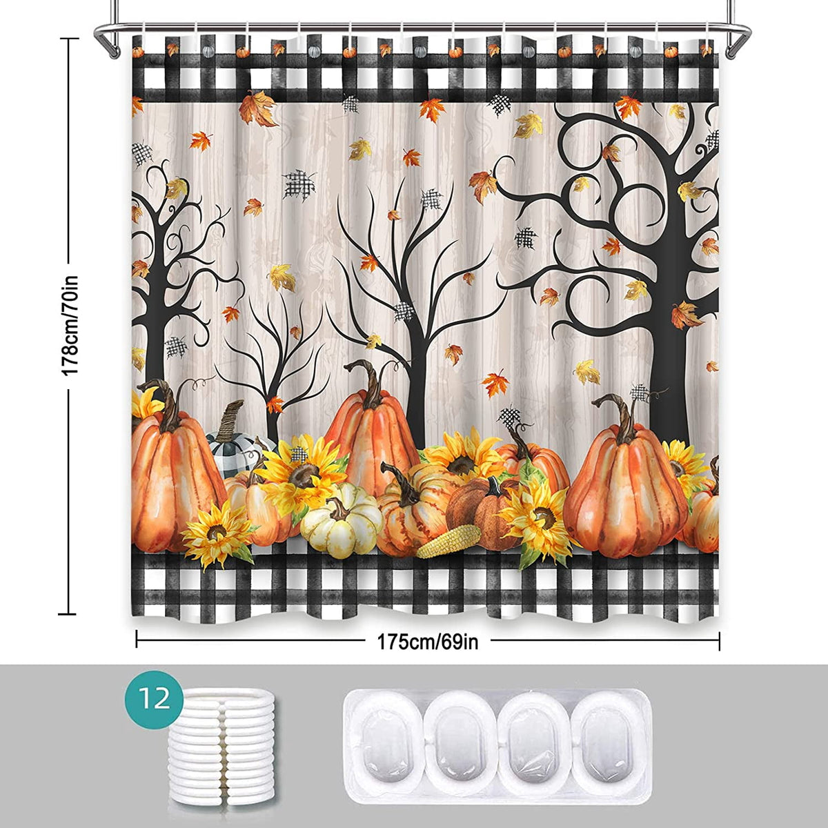 Ikfashoni Fall Shower Curtain with Hooks, Fall Decor for Home, Buffalo Plaid Pumpkin Waterproof Bathroom Curtains, 72"X72"