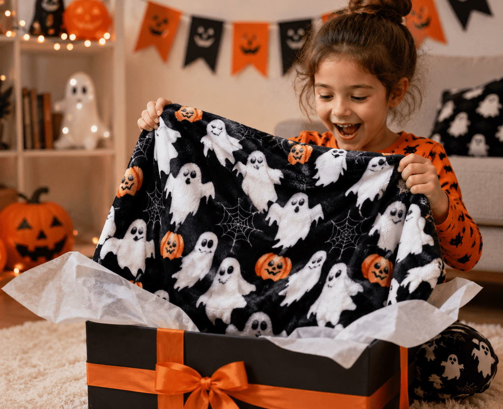 Serafina Home Halloween Throw Blanket: Fuzzy Boo! Jack O'Lantern Spider Webs Skull and Black Cats Print on Velvet Fleece for Sofa Bed Couch Chair Dorm