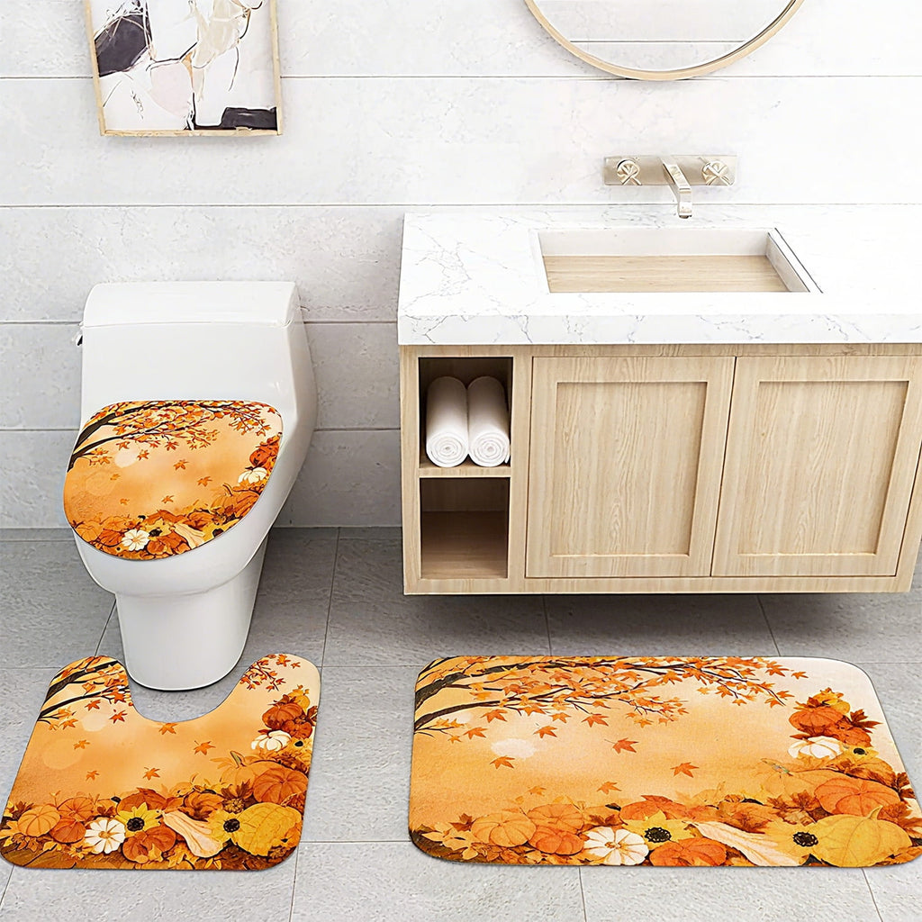FRAMICS 16-Piece Fall Shower Curtain Sets with Rugs, Maple Leaves Pumpkin Bathroom Sets, Waterproof Fabric Bathroom Curtain Decor with Hooks