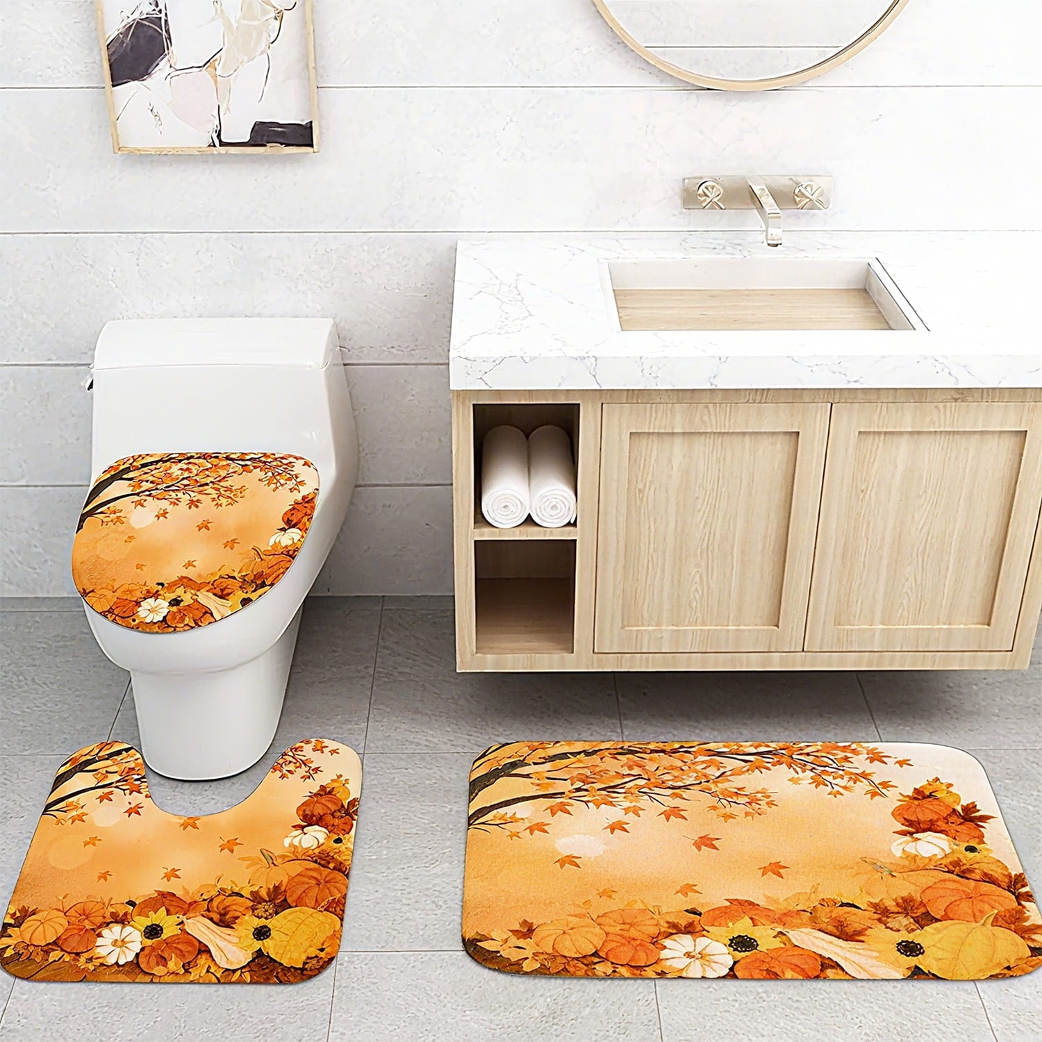 FRAMICS 16-Piece Fall Shower Curtain Sets with Rugs, Maple Leaves Pumpkin Bathroom Sets, Waterproof Fabric Bathroom Curtain Decor with Hooks