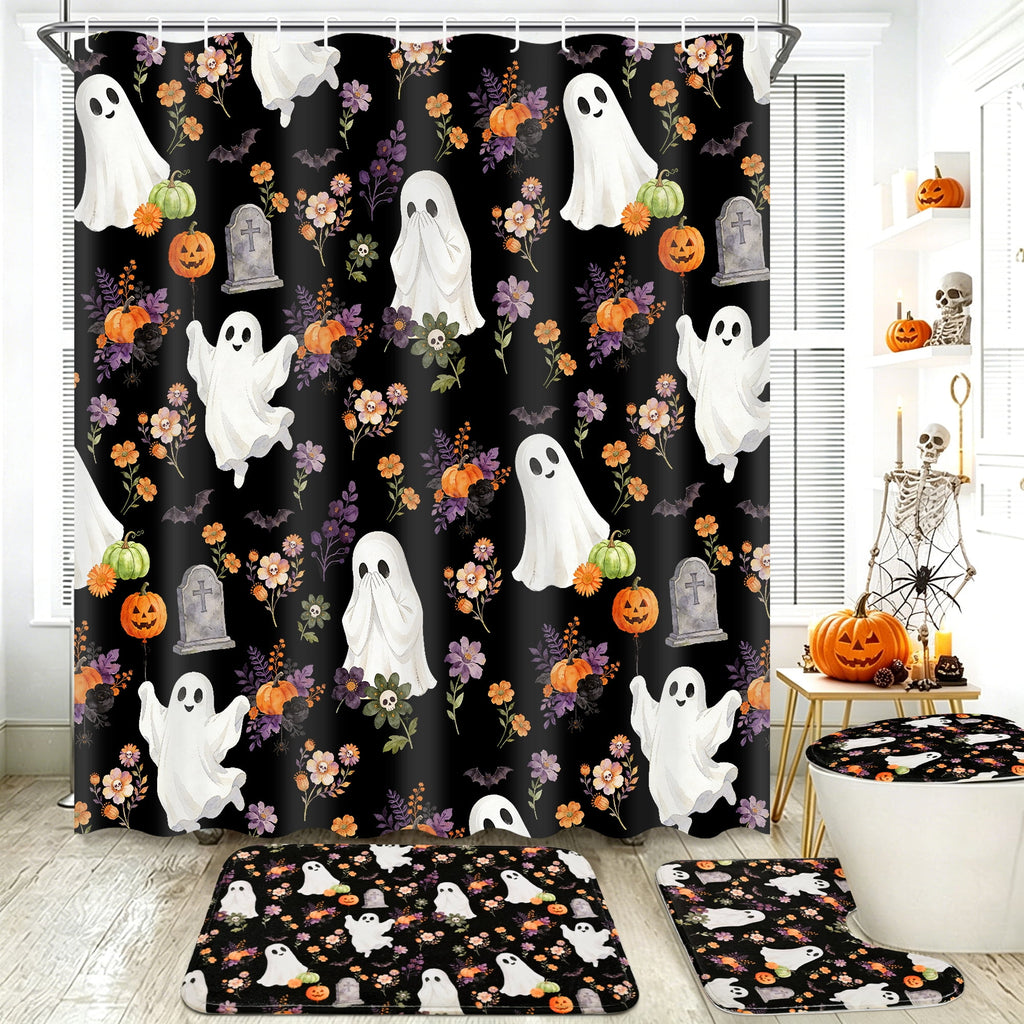 FRAMICS Halloween Shower Curtain Sets with Rugs, 16 Pc Pumpkin Spooky Ghost Bathroom Sets, Black Waterproof Fabric Shower Curtain with 12 Hooks and Toilet Rugs