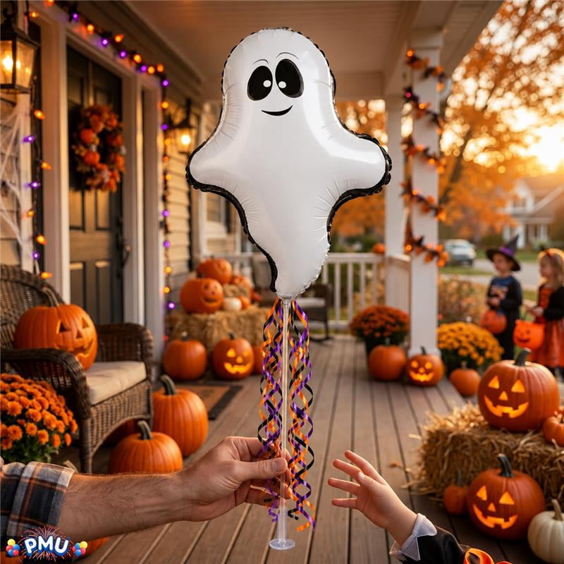 PMU Halloween Pre-Inflated Balloons "Whimsical Pumpkin" 9 Inch Air-Filled Pre-inflated with a Cup and a Stick (1/Pkg) Pkg/1