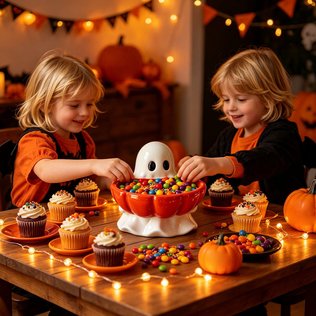 Diceymbol Halloween Pumpkin Snack Bowl Stand Collapsible Broomstick Candy Tray for Cupcakes & Desserts, Resin Serving Platter with Ceramic Pumpkin Bowls