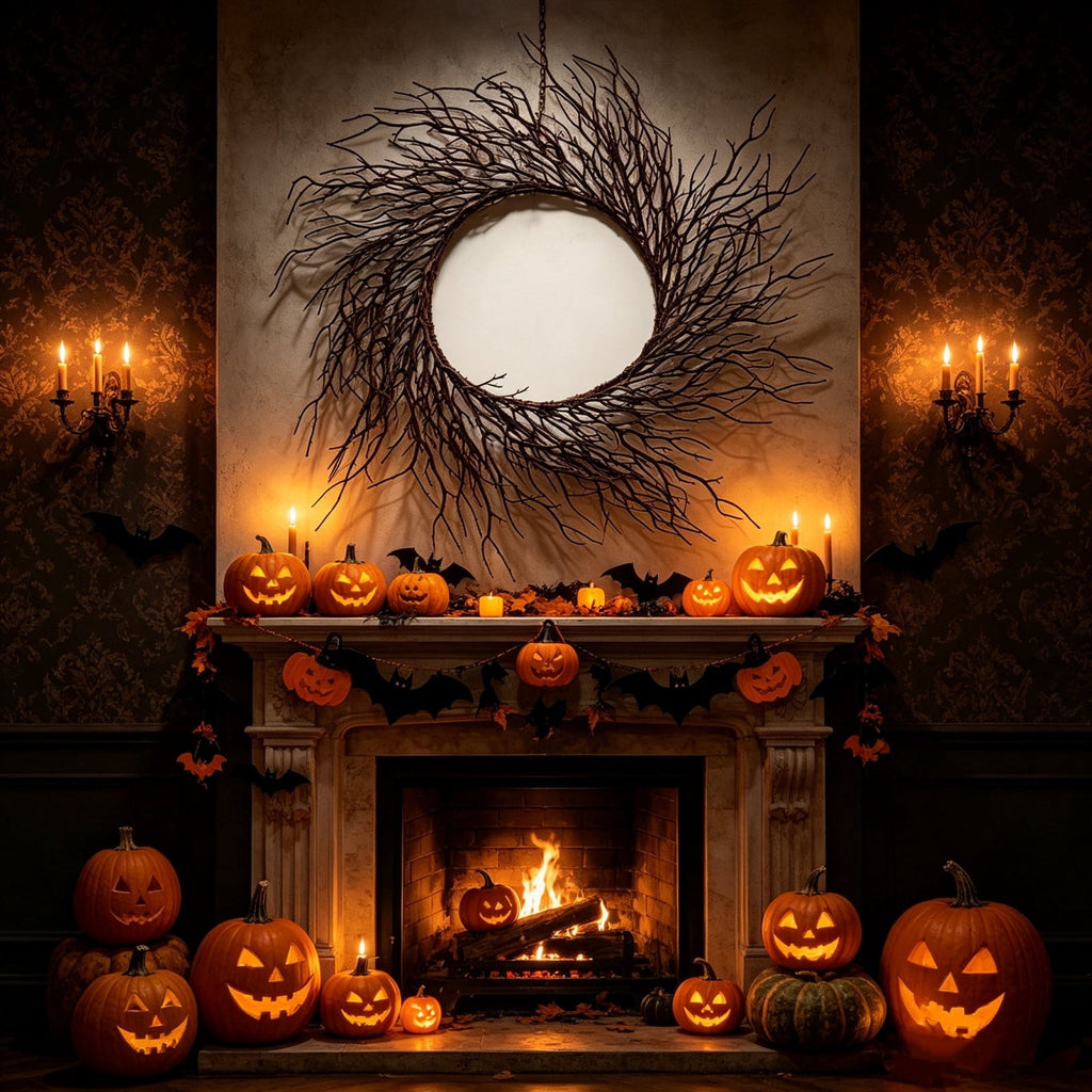WWC Halloween Wreath, 18 inch Black Bats and Bare Branch Wreath, Gothic Halloween Decor Twig Wreath for Halloween Party Front Door Porch and Fireplace