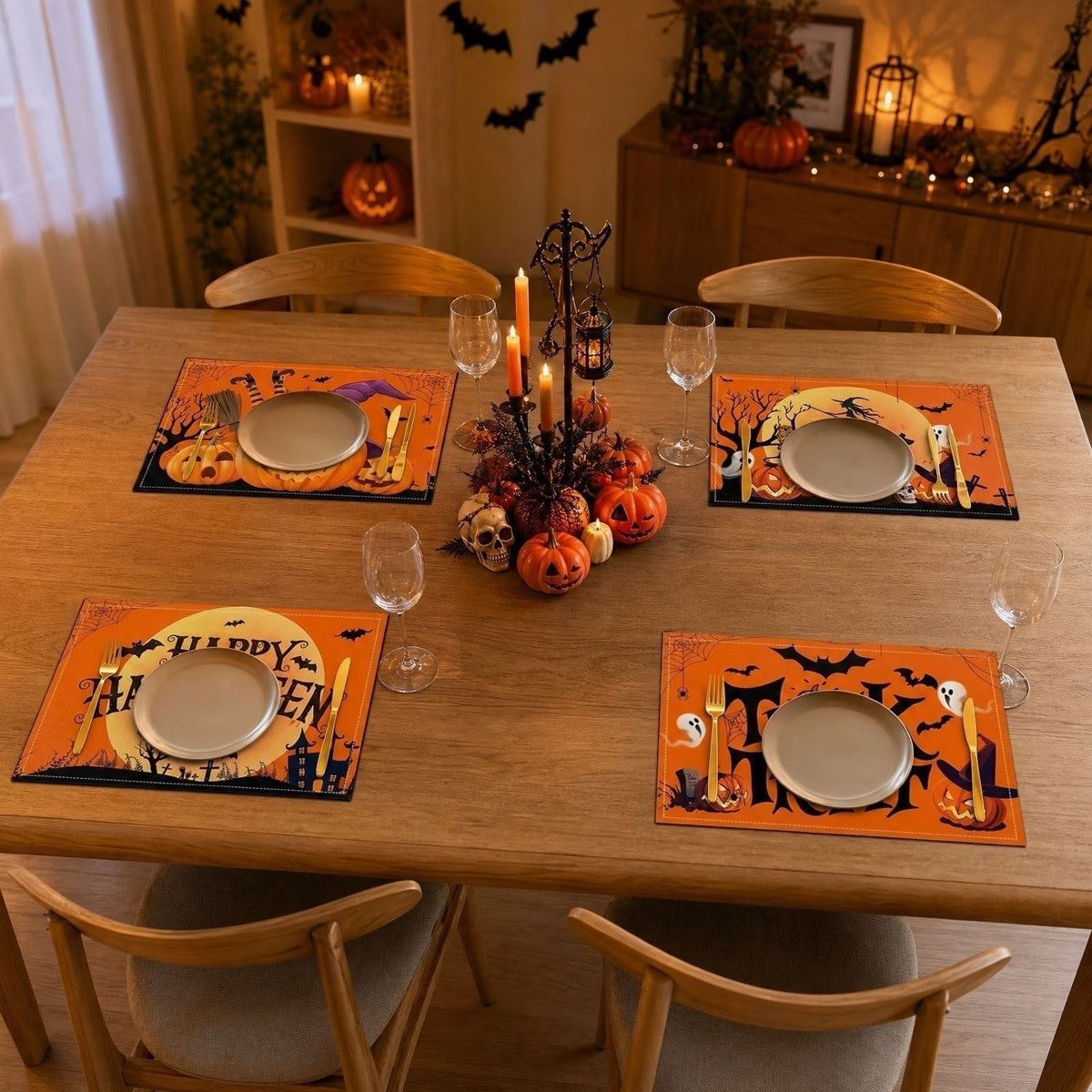 Halloween Pumpkin Placemats Set of 4, 12x18 Inch Pumpkin and Black Cat Table Mat, Washable Heat Resistant Place Mats for Kitchen Dining Table, Spooky Themed Decoration for Home, A