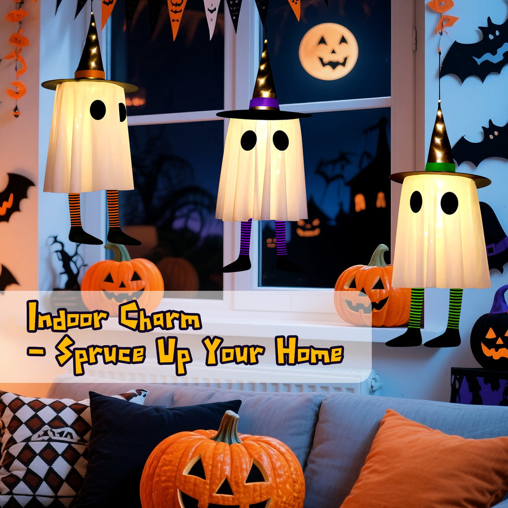 Qoosea 3 Pack Halloween LED Lights Witch Hat Ghost Hangers, Purple/Green/Orange, 3 Lighting Modes, Waterproof Battery Case, Halloween Decorations