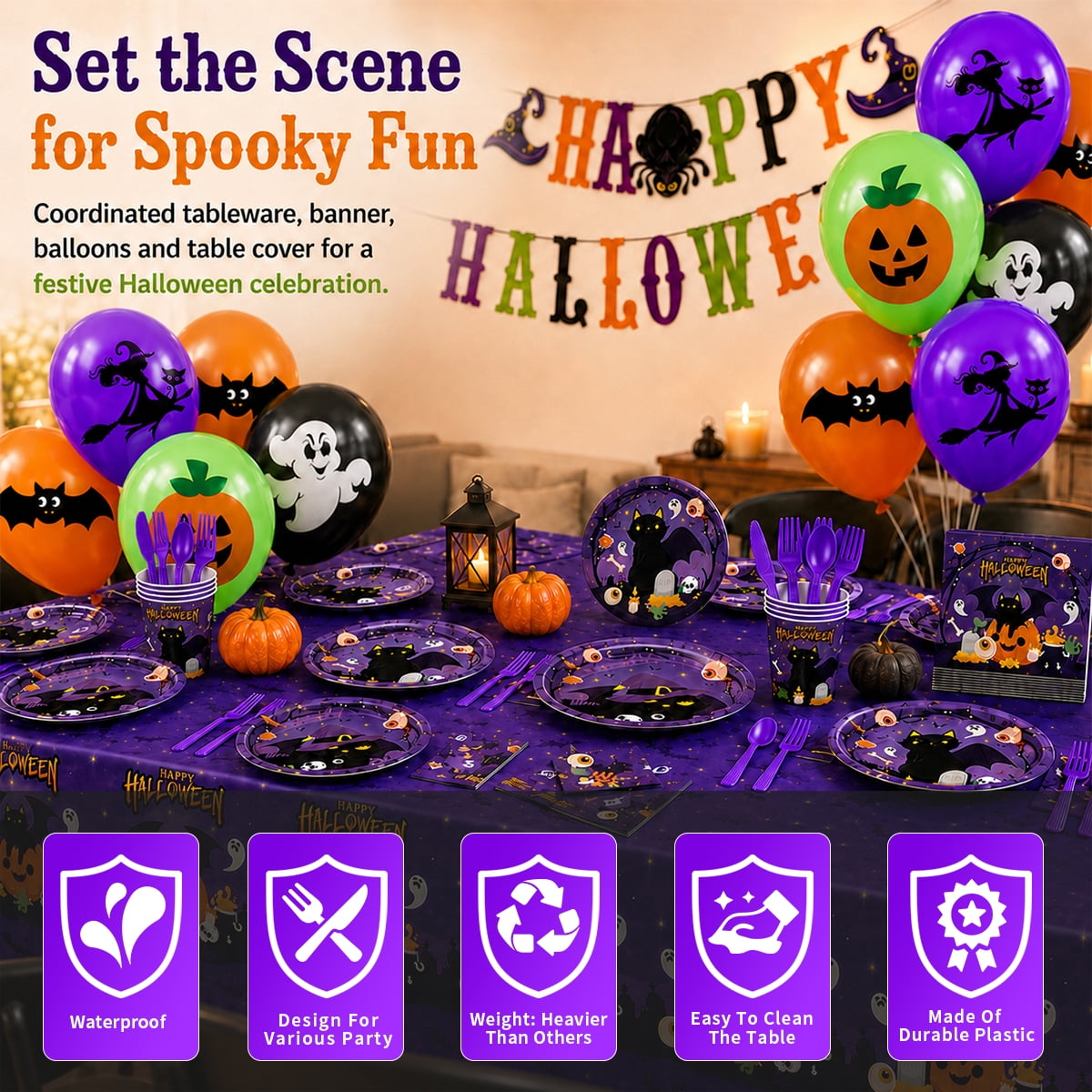 Halloween Paper Plates for Halloween Party Decoration Disposable Cups Napkins Table Cover Balloons Banner for Halloween Birthday Party Supplies Serve 20 Design2