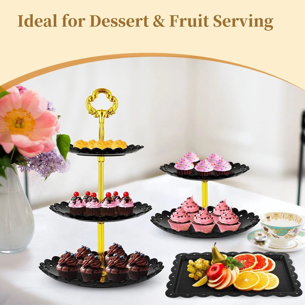 9 Pcs Dessert Table Display Set, 3 Pcs 3-Tiered Cupcake Stands & 6 Pcs Square Dessert Serving Trays, Elegant Cake Stands Fruit Trays for Birthday, Wedding, Tea Party, Halloween