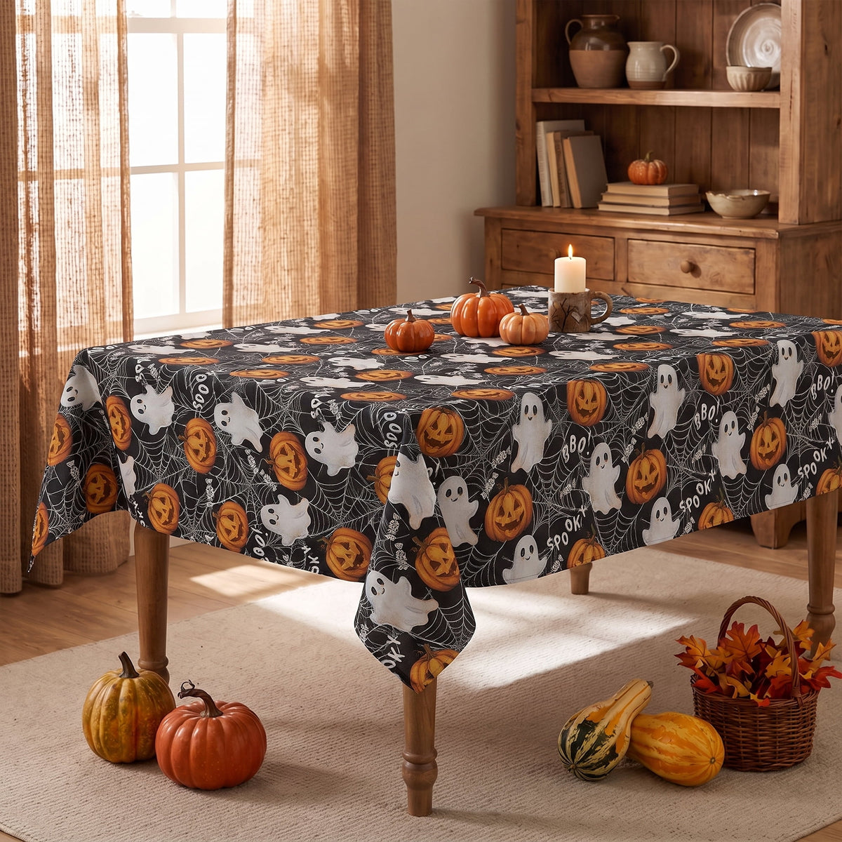 Sm:)e Spooky Ghost Pumpkin Spider Web Halloween Tablecloth 60x84 Inch, Wrinkle-Resistant & Machine Washable Table Cover for Dining Decor, Rectangle