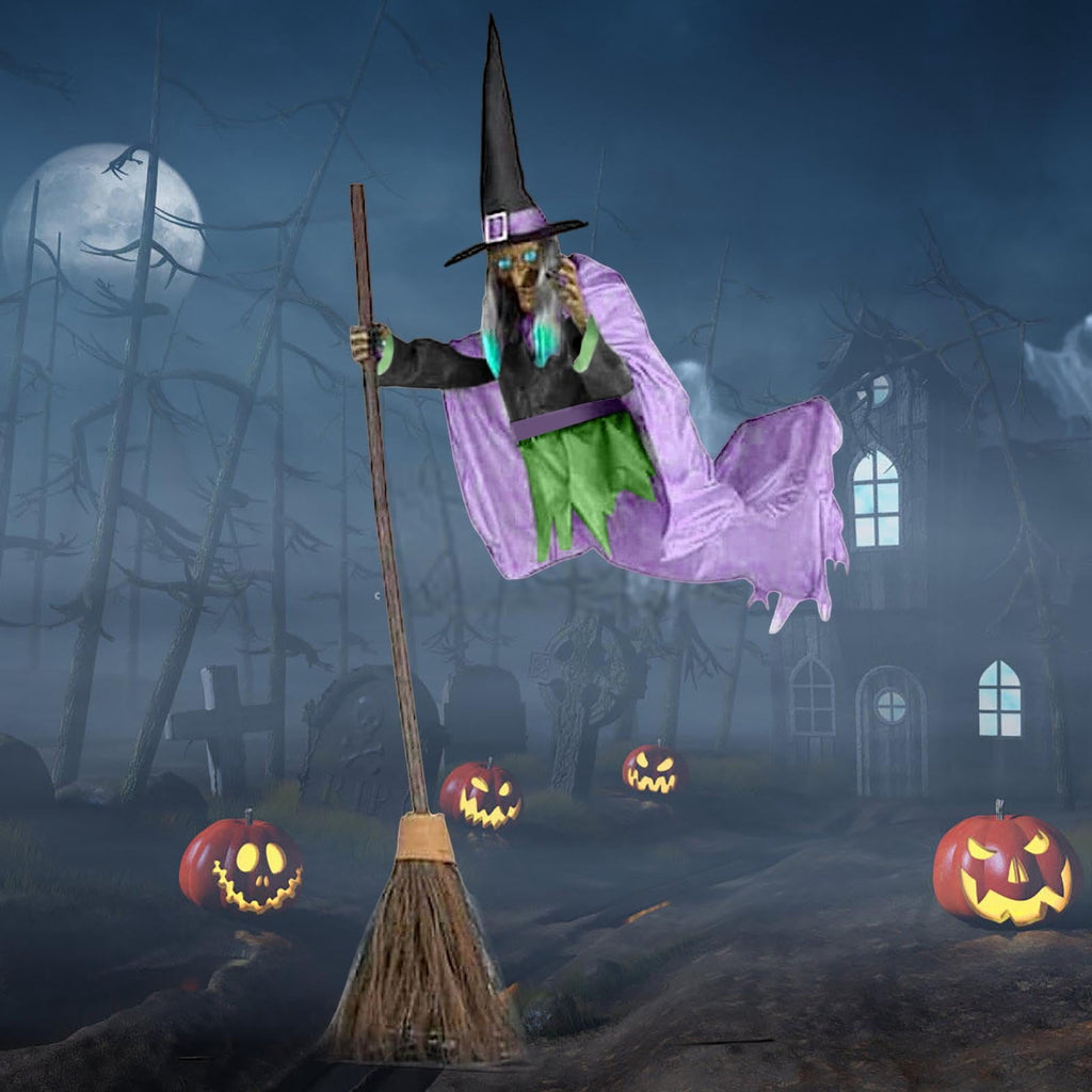 6FT Animated Flying Witch Decoration with Lights and Sounds Green 1pc