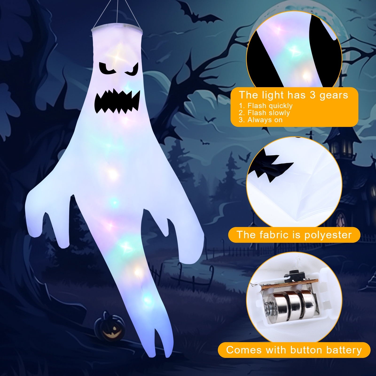 Qoosea 3 Pack Halloween LED Lights Witch Hat Ghost Hangers, Purple/Green/Orange, 3 Lighting Modes, Waterproof Battery Case, Halloween Decorations