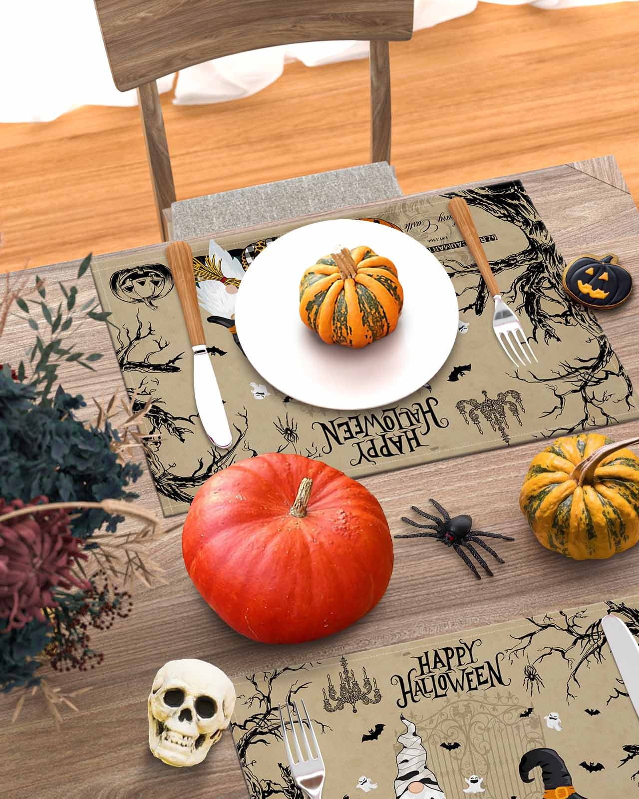 Halloween Placemats Set of 4 Gnome Pumpkin Place Mats Fall Placemat Black Bats Crow Ghosts Cobwebs Castle Table Mats for Dining Kitchen Table Holiday Dinner Party Home Decorations 13x19 Inch