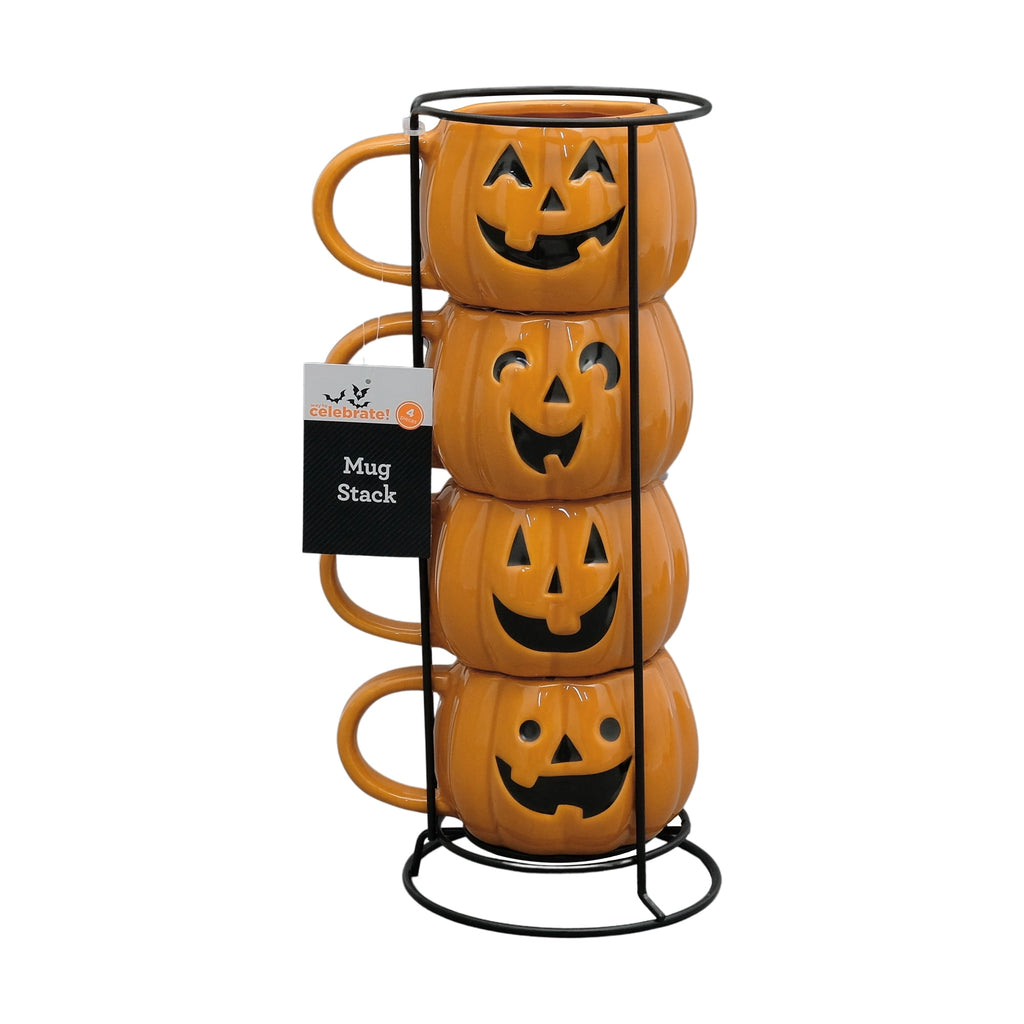 Way To Celebrate Halloween Pumpkin Stack Ceramic Mugs, 4-Pack