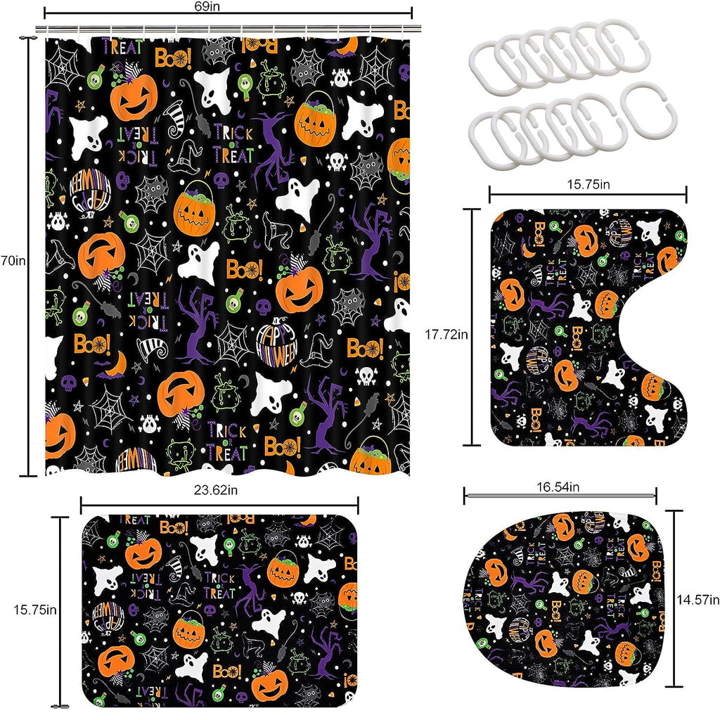 FRAMICS Halloween Shower Curtain Sets with Rugs, 16 Pc Pumpkin Spooky Ghost Bathroom Sets, Black Waterproof Fabric Shower Curtain with 12 Hooks and Toilet Rugs