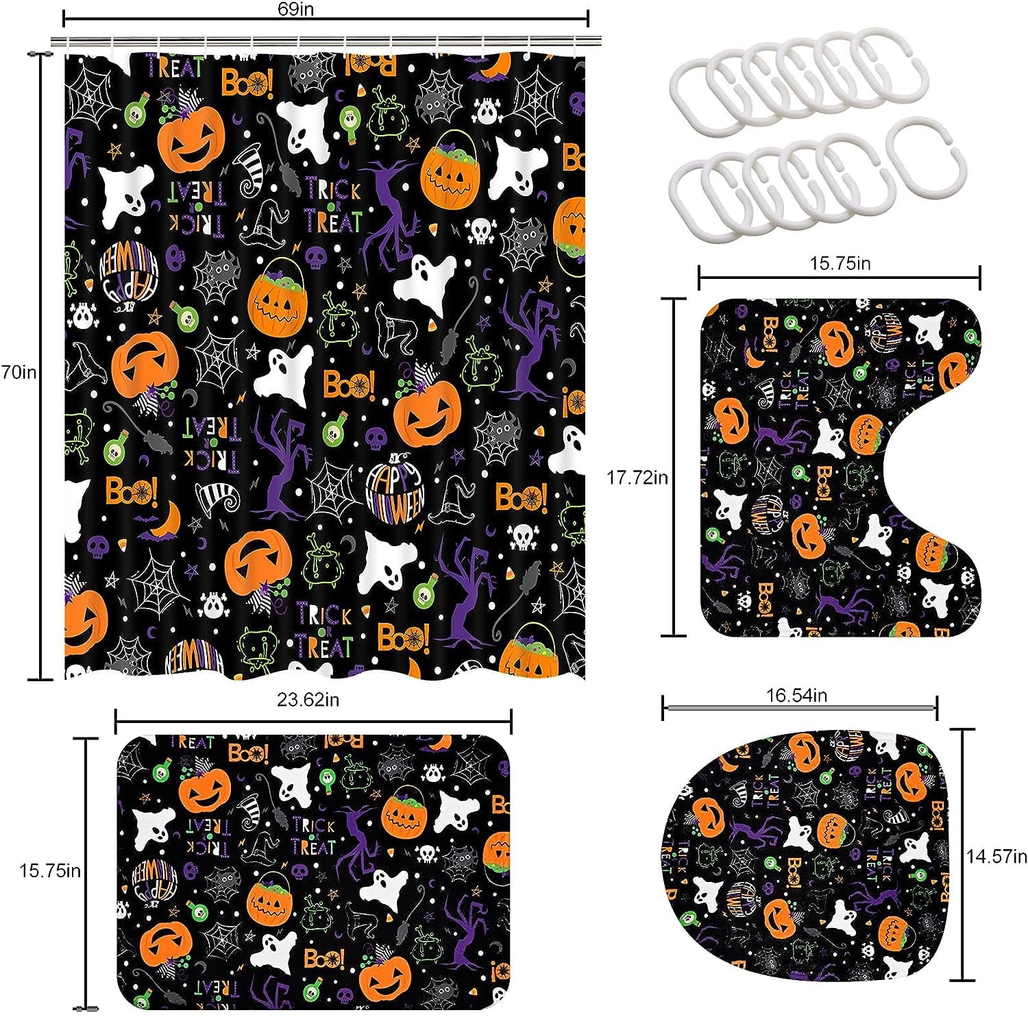 FRAMICS Halloween Shower Curtain Sets with Rugs, 16 Pc Pumpkin Spooky Ghost Bathroom Sets, Black Waterproof Fabric Shower Curtain with 12 Hooks and Toilet Rugs