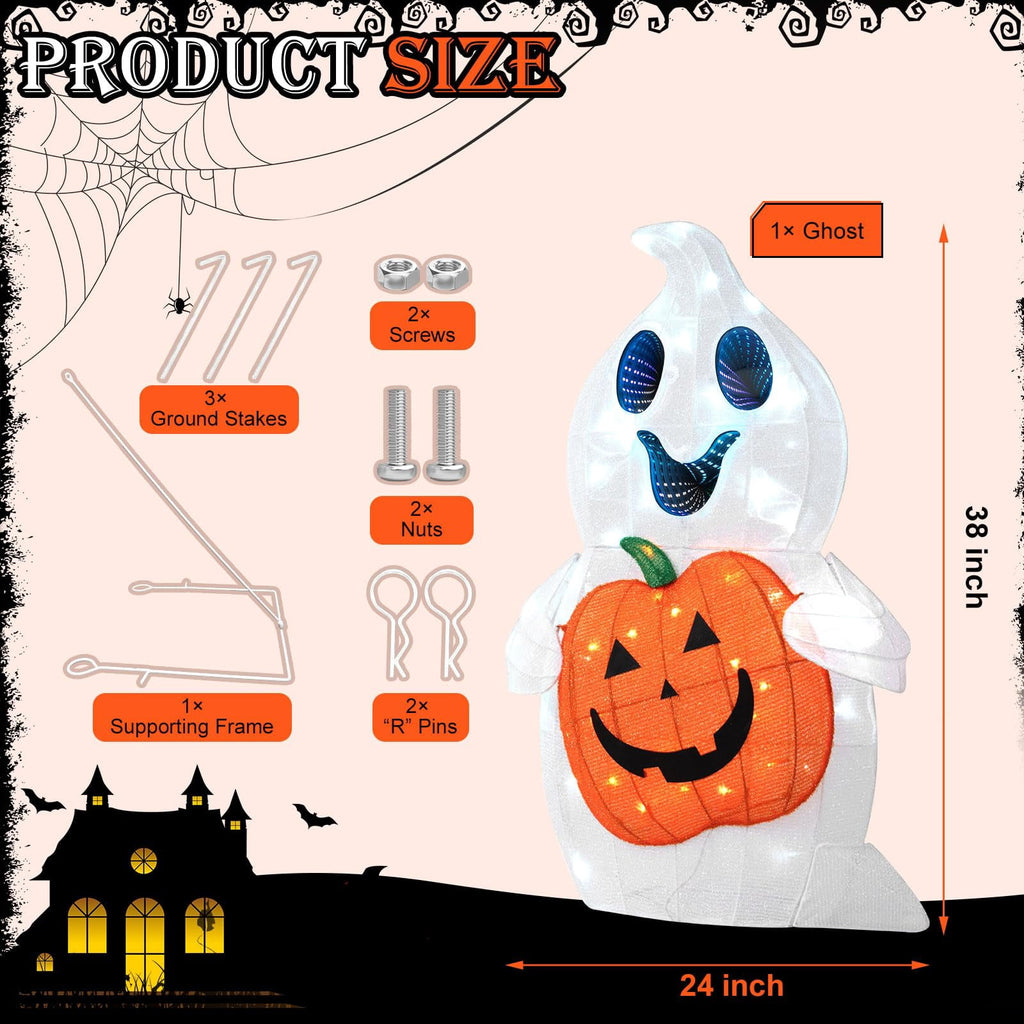 MARACOL Halloween Ghost Decor, 128 LED Pre-Lit Ghost Halloween Decorations with Animated Eyes Cute Light Up Ghost Holding Pumpkin Glowing Ghosts Fall Decor for Outdoor, Indoor, Yard, Porch, Garden
