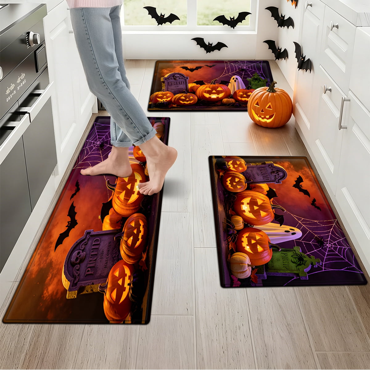 YIMEIS Halloween Pumpkin Lantern 3Pcs Flannel Mat & Kitchen Rugs Set,16''×24'' 20''×30'' 17''×47'' Inches,Soft Non-slip for Home Bathroom
