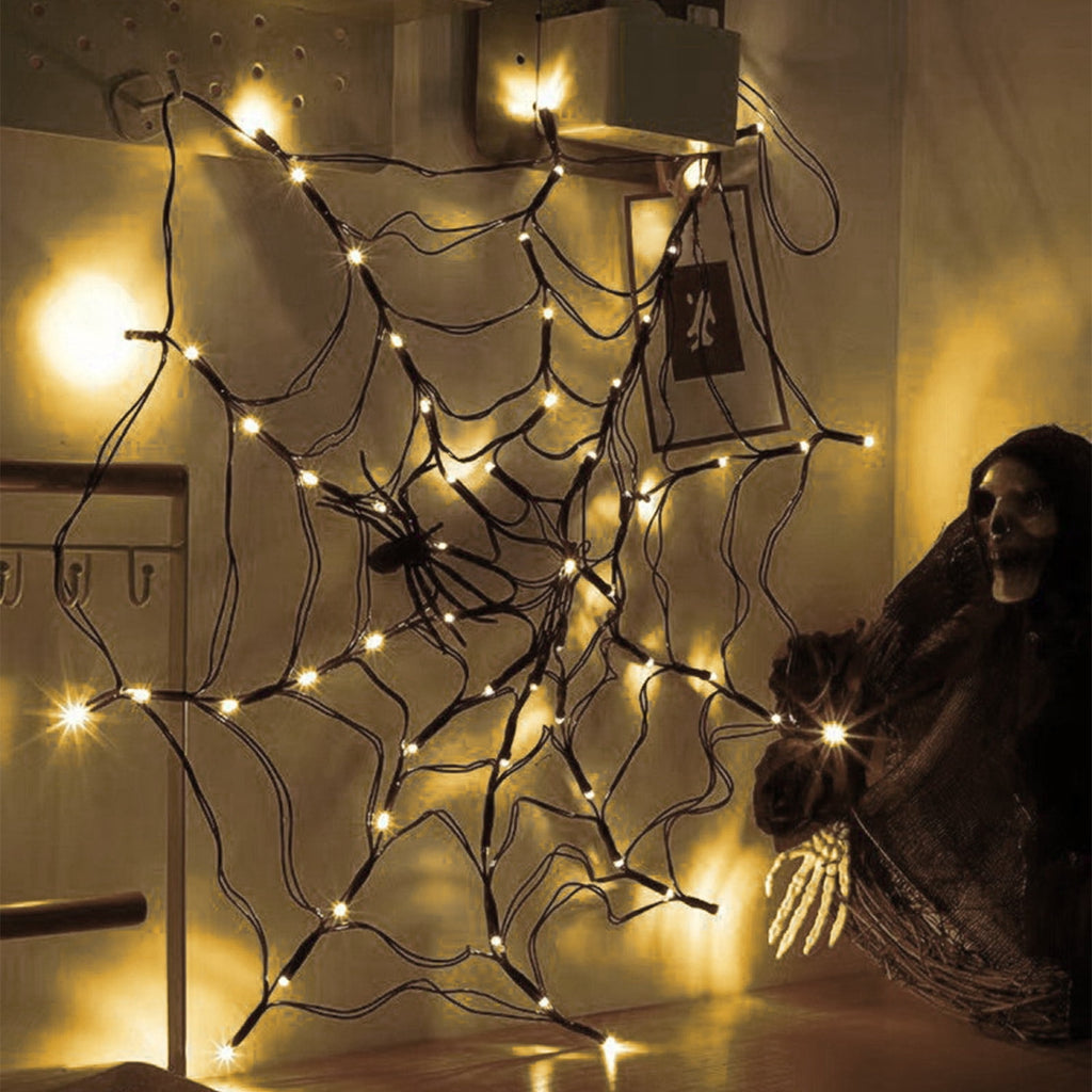 Halloween Arachnid Web Lights, 39 In Diameter 60 LED With Black Spider, Water Proof Colorful Web Lights With Remote Control for Halloween Indoor Outdoor Garden Patio Home Decoration