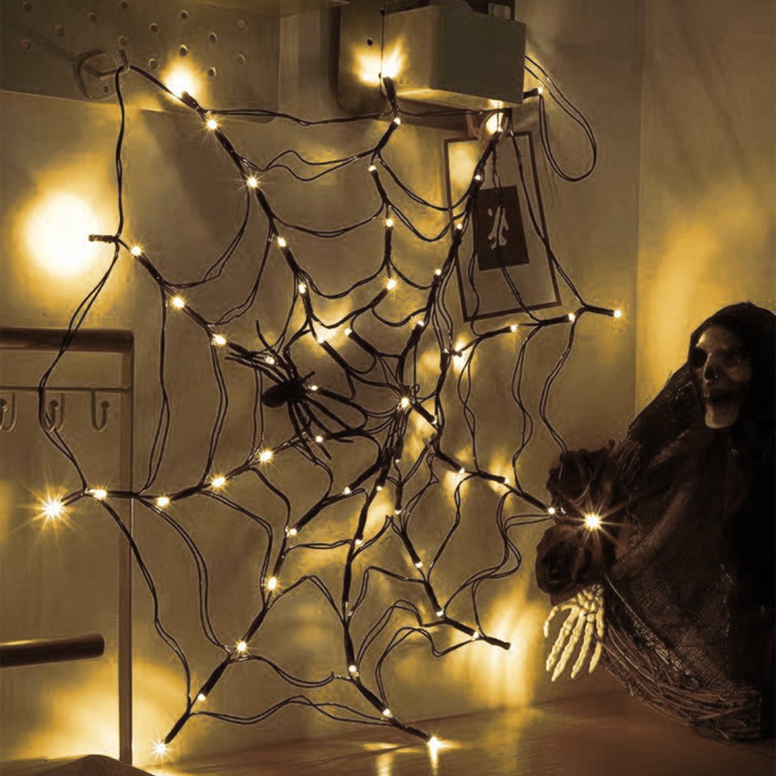 Halloween Arachnid Web Lights, 39 In Diameter 60 LED With Black Spider, Water Proof Colorful Web Lights With Remote Control for Halloween Indoor Outdoor Garden Patio Home Decoration