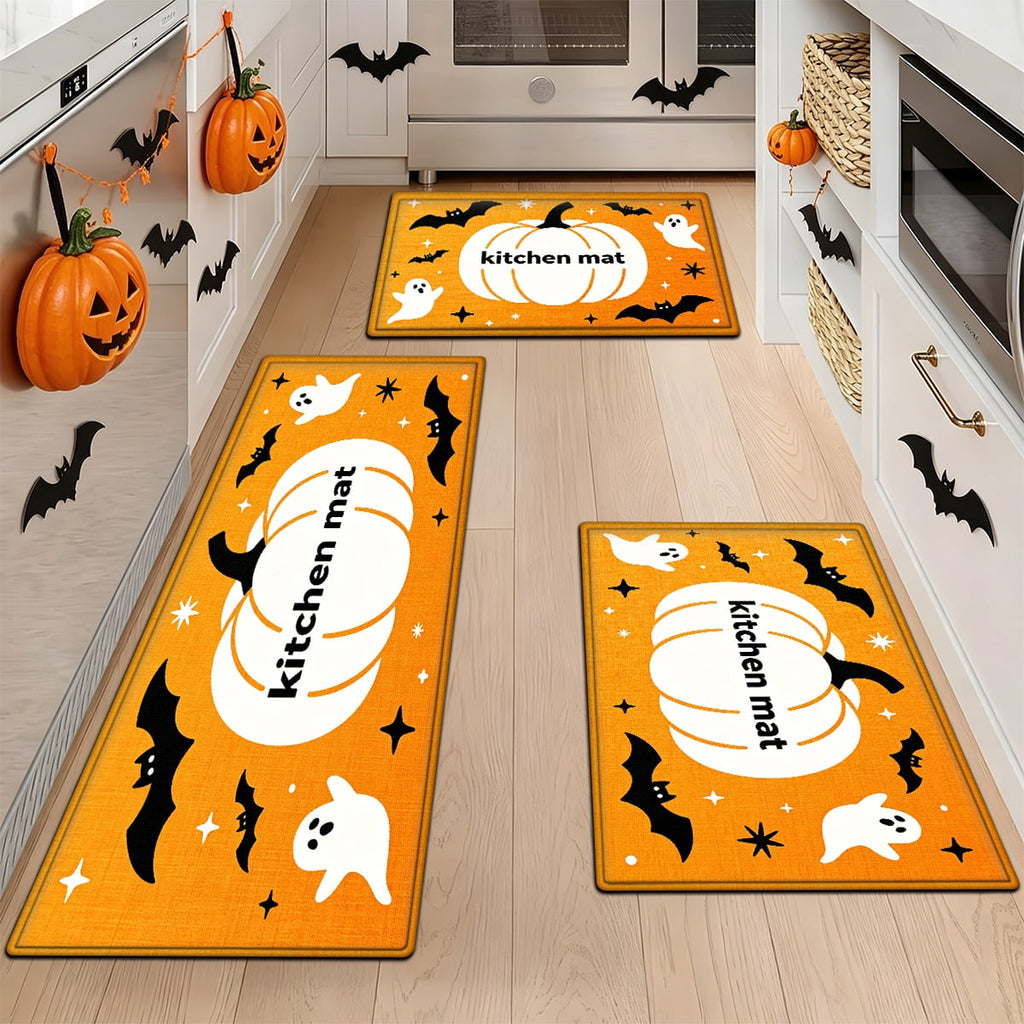 YIMEIS Halloween White Pumpkin Multi-purpose 3-Piece Flannel Mat and Kitchen Rugs,Soft Non-slip for Home Bedroom Bathroom