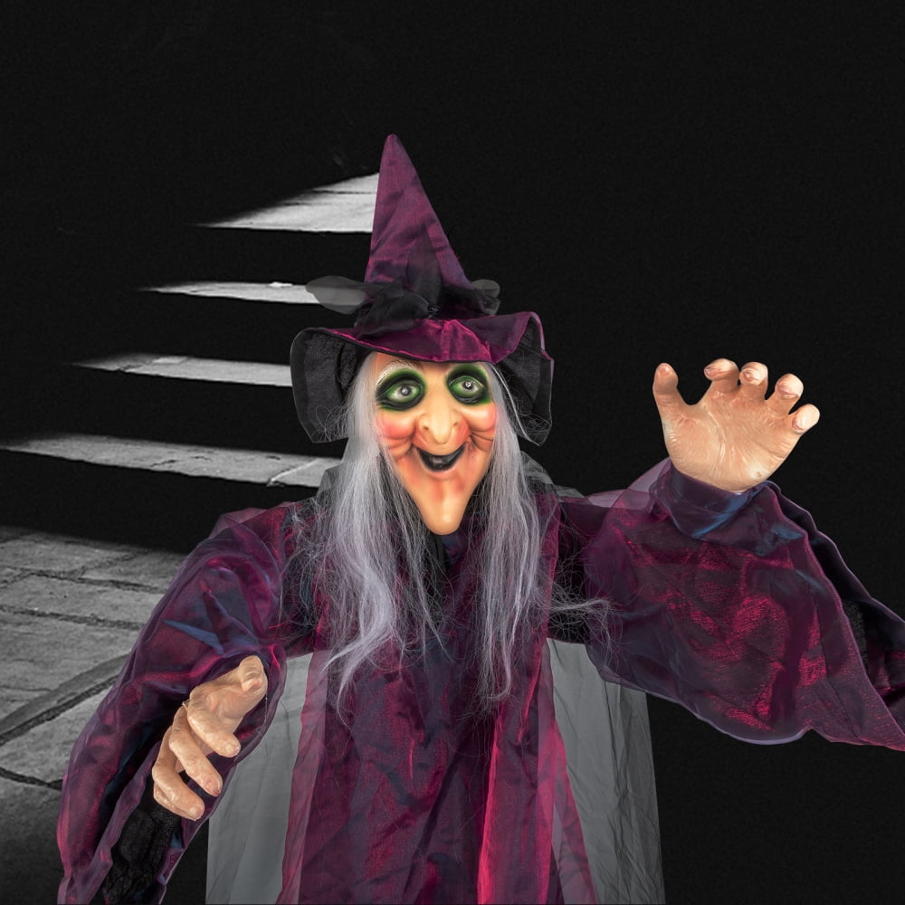 71" Life Size Hanging Talking Witch, Animated Halloween Witch with Sound Activation and Red Eyes for Outdoor & Indoor Decor - Old, Spooky and Scary Flying Animatronic Witch for Halloween Decorations