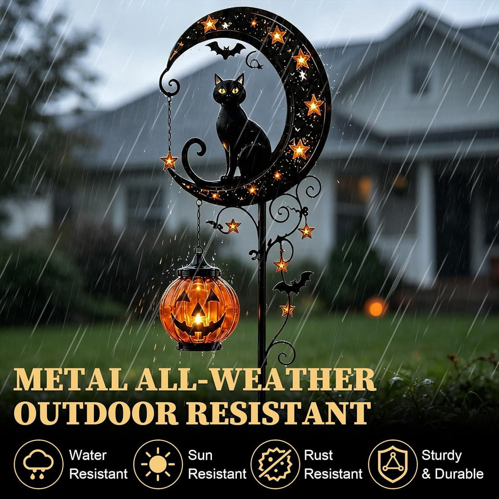 Solar Halloween Black Cat & Pumpkin Moon Garden Stake Light | Waterproof Metal Black Cat Yard Ornament, Auto On Off Solar Outdoor Light, Fall Halloween Decor Stake for Lawn Patio Pathway