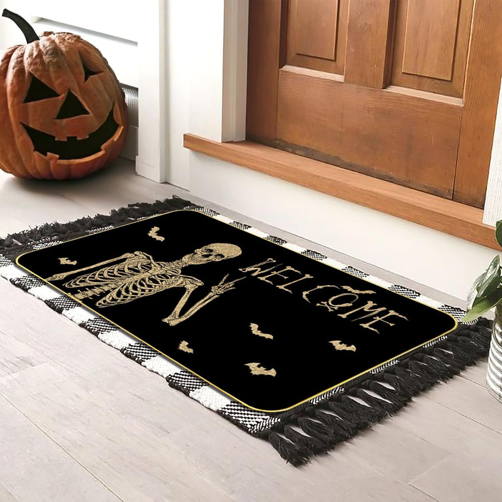 ASKETAM Halloween Doormat Indoor/Outdoor Non-Slip Carpet 19.5" x 31.3" (Happy Skeleton Bat)