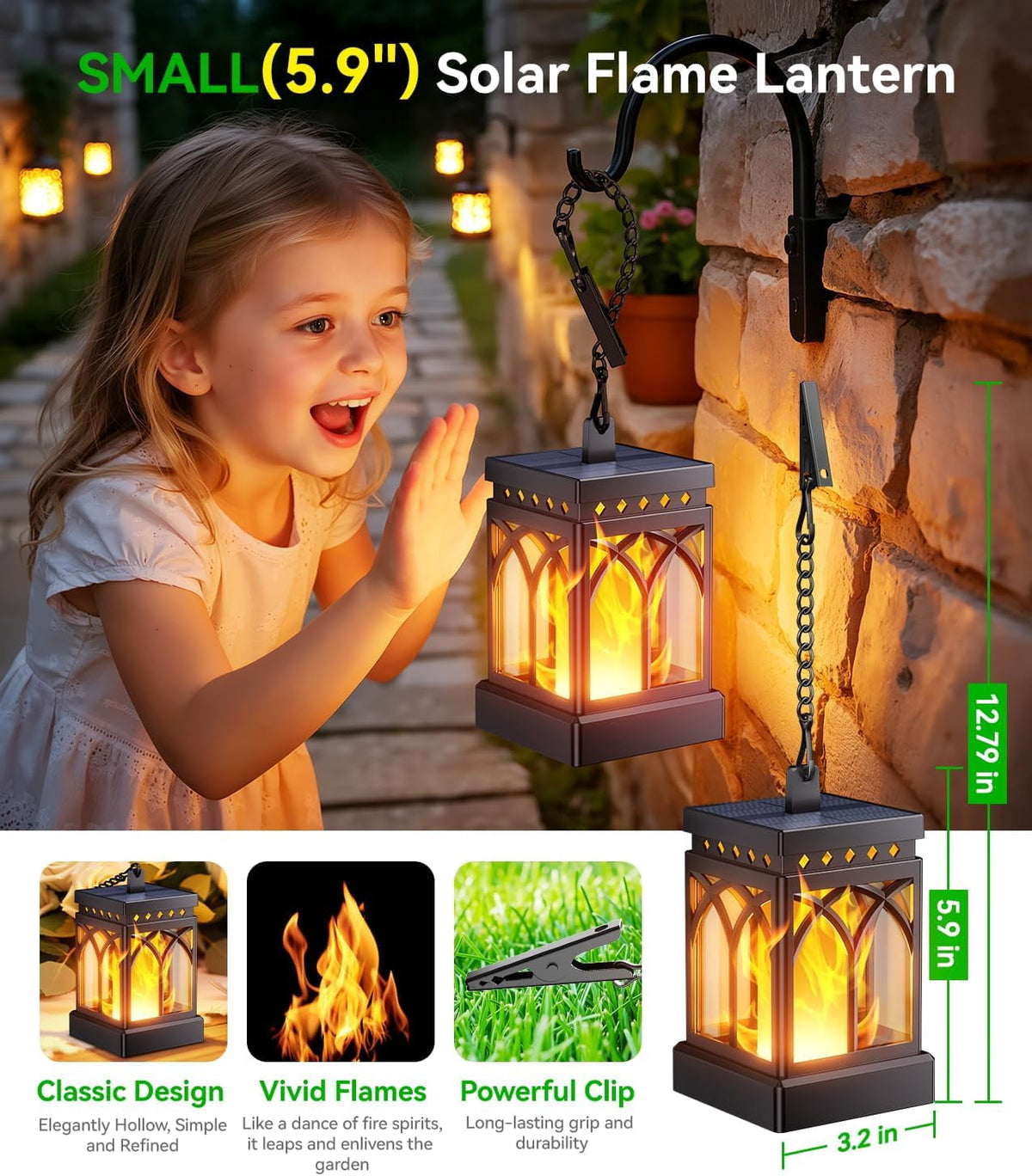 Diigabo 2-Pack Solar Lanterns Outdoor Flickering Flame Waterproof Hanging Lanterns Solar Powered LED for Patio Deck Yard