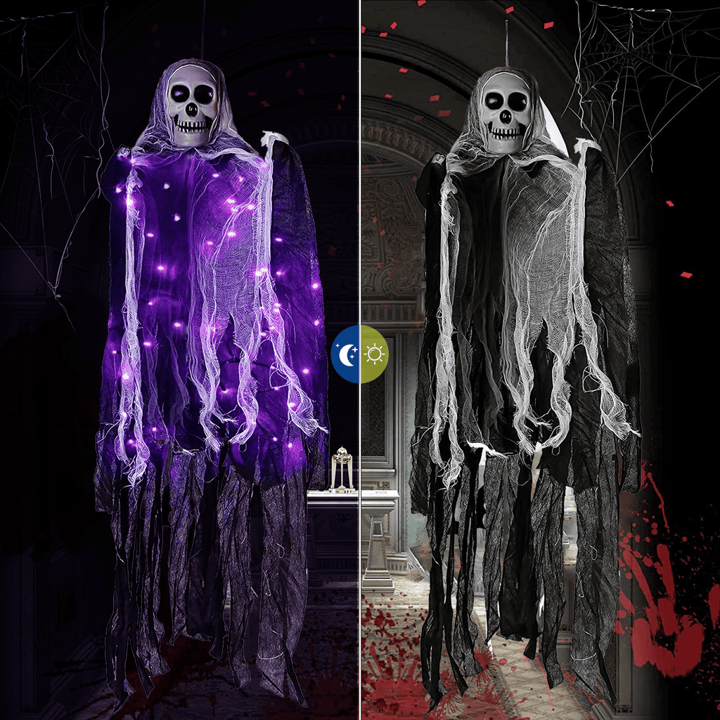 Halloween Hanging Grim Reaper with 60 LED Purple Halloween Lights,2 Lighting Modes Halloween Decoration Waterproof Battery Operated for Indoor/Outdoor Party,Yard,House Decor