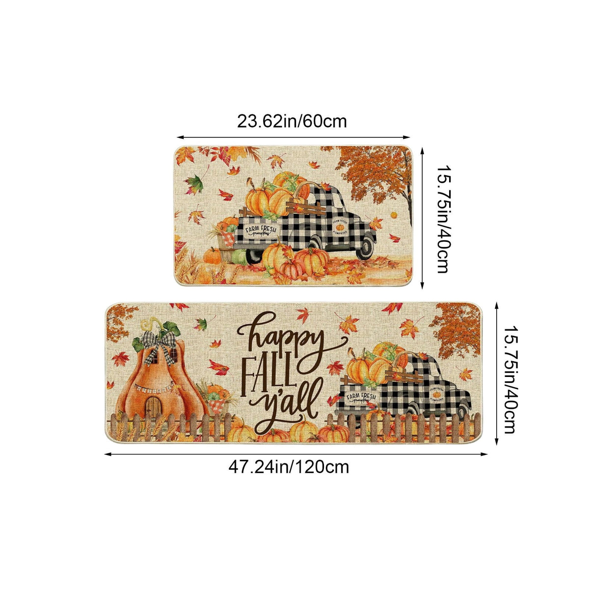 HOARBOEG Kitchen Floor Mat, Halloween Thanksgiving Fall Floor Mats 2-Piece Set - Non-Slip Pumpkin Maple Leaf Decor Rug for Bathroom Kitchen Porch Entrance, Holiday Home Decor