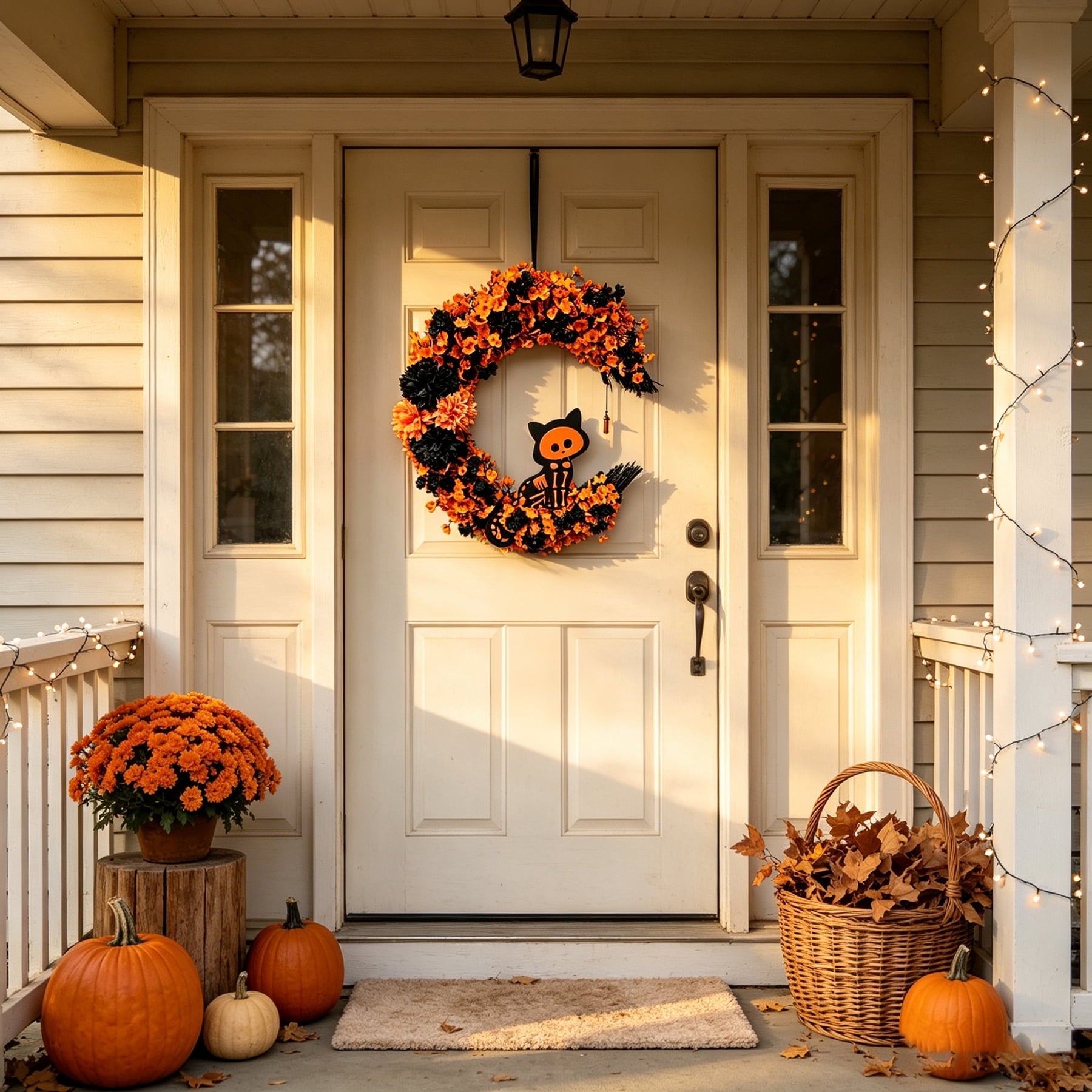 15.7" Artificial Halloween Skeleton Cat Moon Wreath, Orange Black Floral Crescent Decor for Front Door, Porch & Wall, Plastic & Fabric