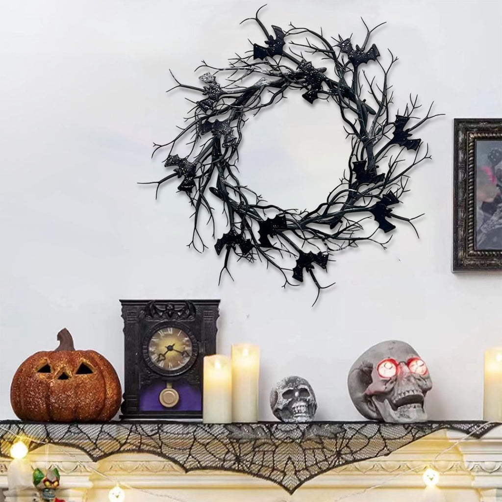 Boovnll Halloween Wreath, 18" Horror & Novelty Handmade Black Twig Glitter Bats Halloween Wreaths for Front Door Fireplace Wall Porch Party Decor, Halloween Decorations