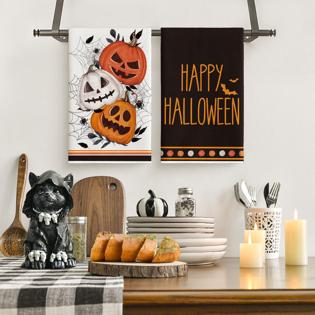 Sm:)e Spider Web Jack-O'-Lantern Pumpkin Cat Happy Halloween Kitchen Towels Dish Towels 18x26 Inch Set of 2
