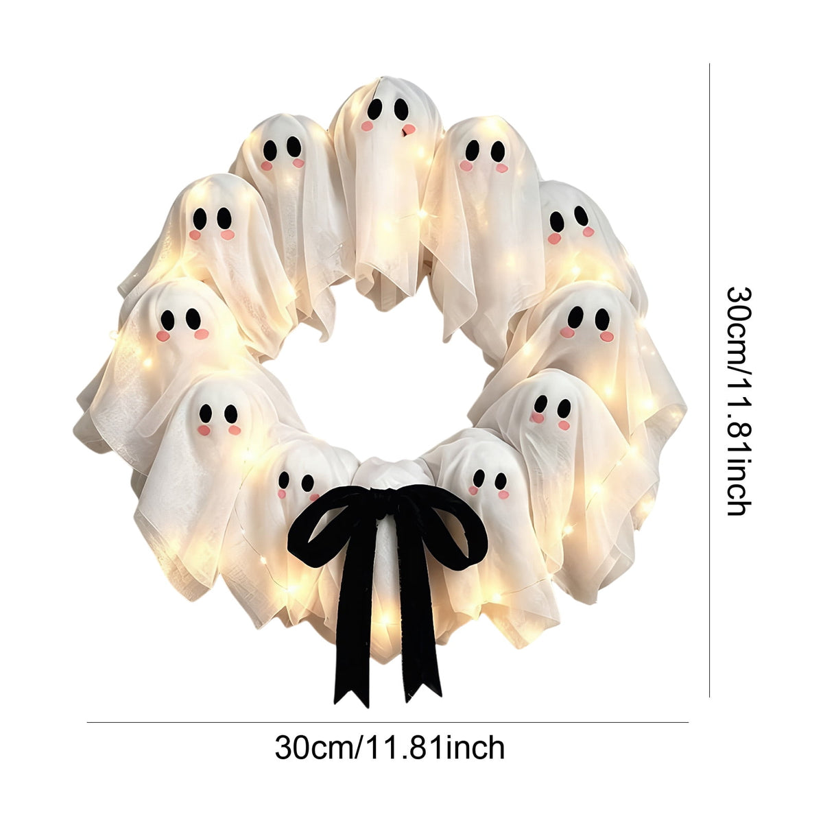 Halloween Glowing Ghost Wreath, Light-up Spooky Wreath with 12 Ghost Decor, RC, 6H Timer, Ideal for Halloween Party (A 12x3inch)