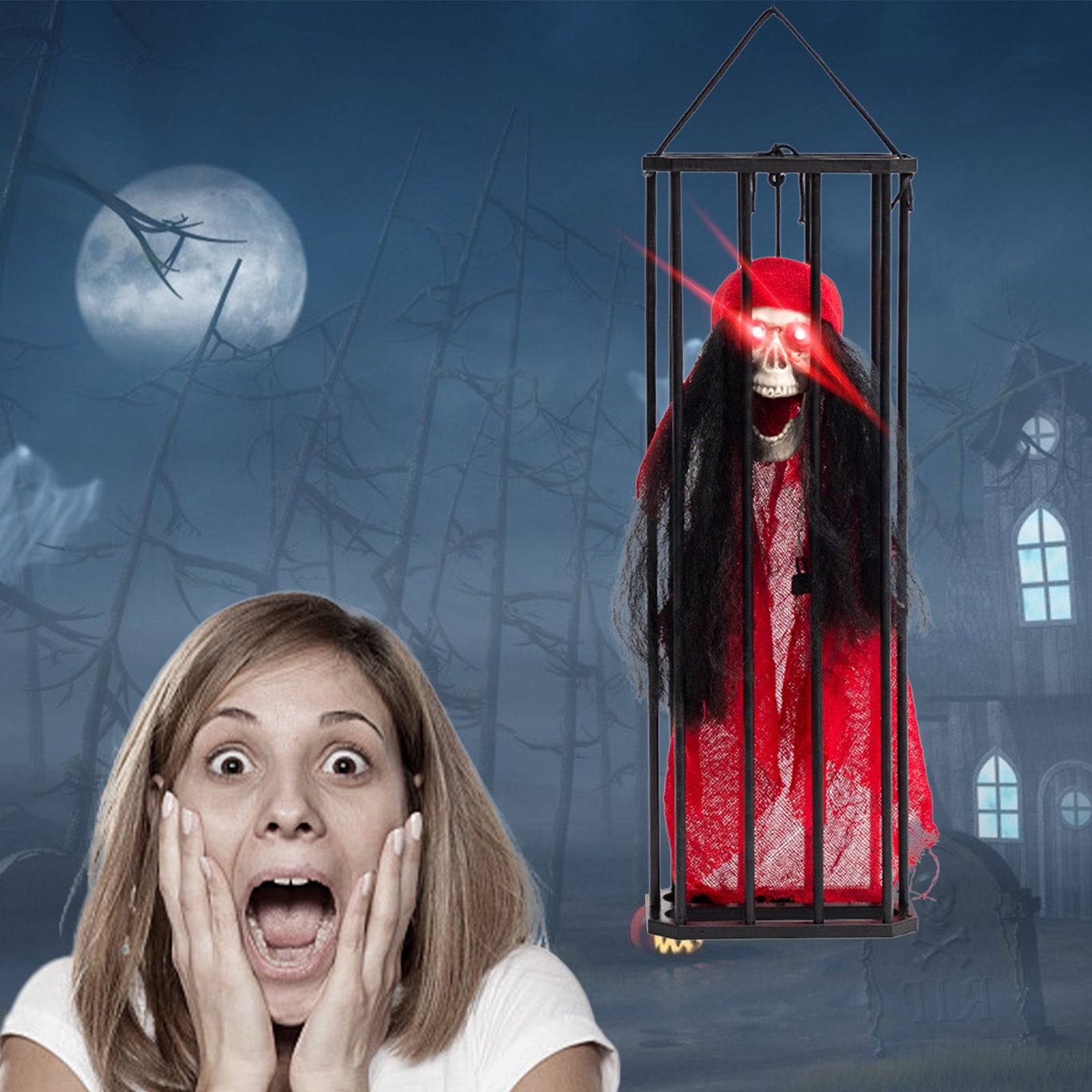 XEOVHV Animated Halloween Decoration,Animated Skull Ghost Hanging Decoration Prop with Spooky Sound Sound & Touch Activated Sensor Prisoner Haunted House Decor for Home Indoor Outdoor Decoration