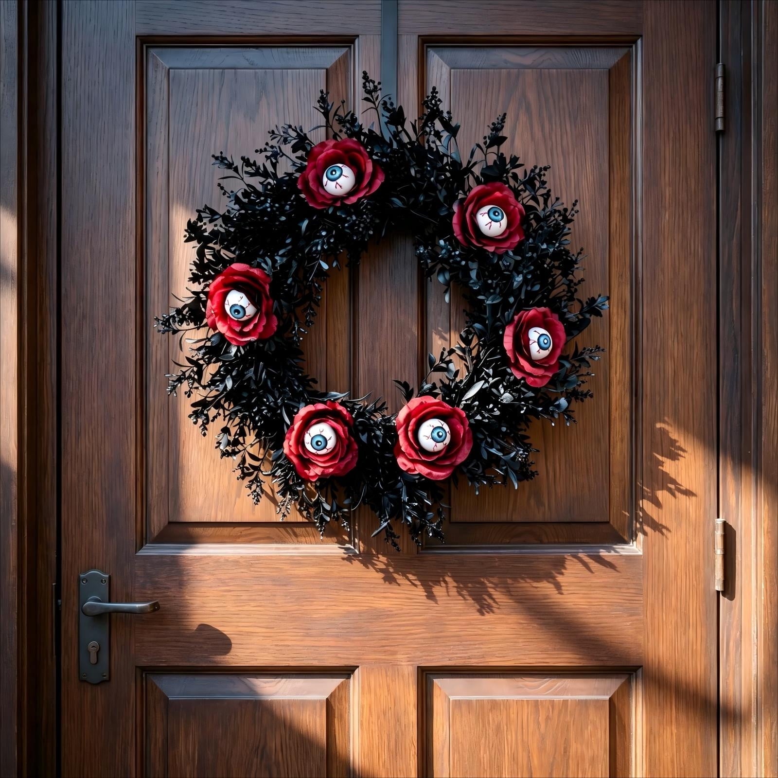 Gcvizuso Halloween Crescent Floral Wreath, Orange Red Rose Hydrangea Fall Front Door Decor for Autumn Harvest Celebration
