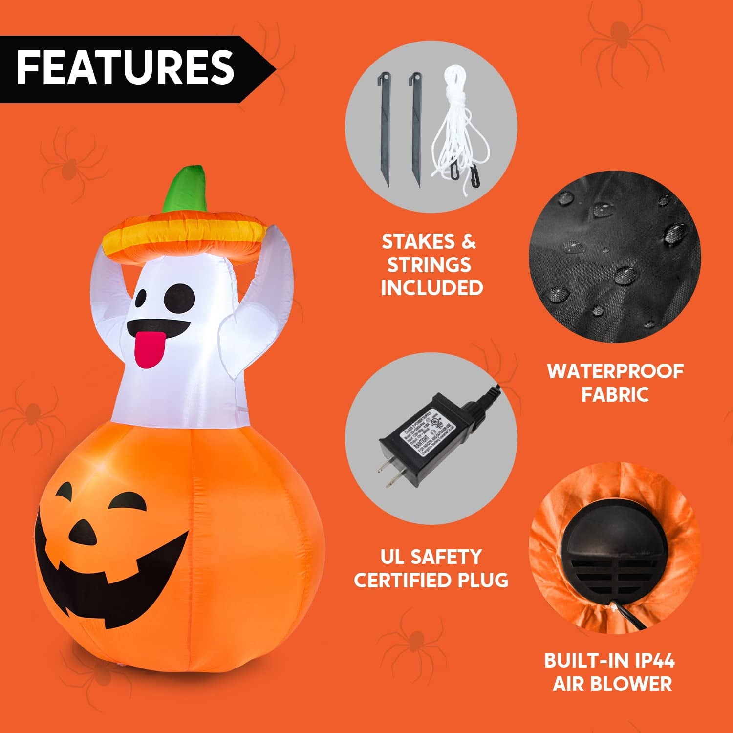 Joyfy 5ft Halloween Inflatables Light up Cute Ghost,Blow Up Ghost Lift Pumpkin Candy Bag with Build-in LEDs for Yard Decorations