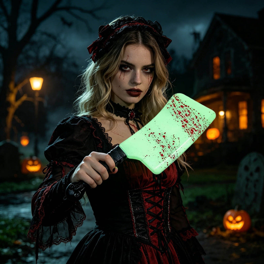 Glow in the Dark Plastic Bloody Cleaver Prop, Realistic Fake Horror Knife Costume Accessory for Halloween Party Haunted House Cosplay Decor