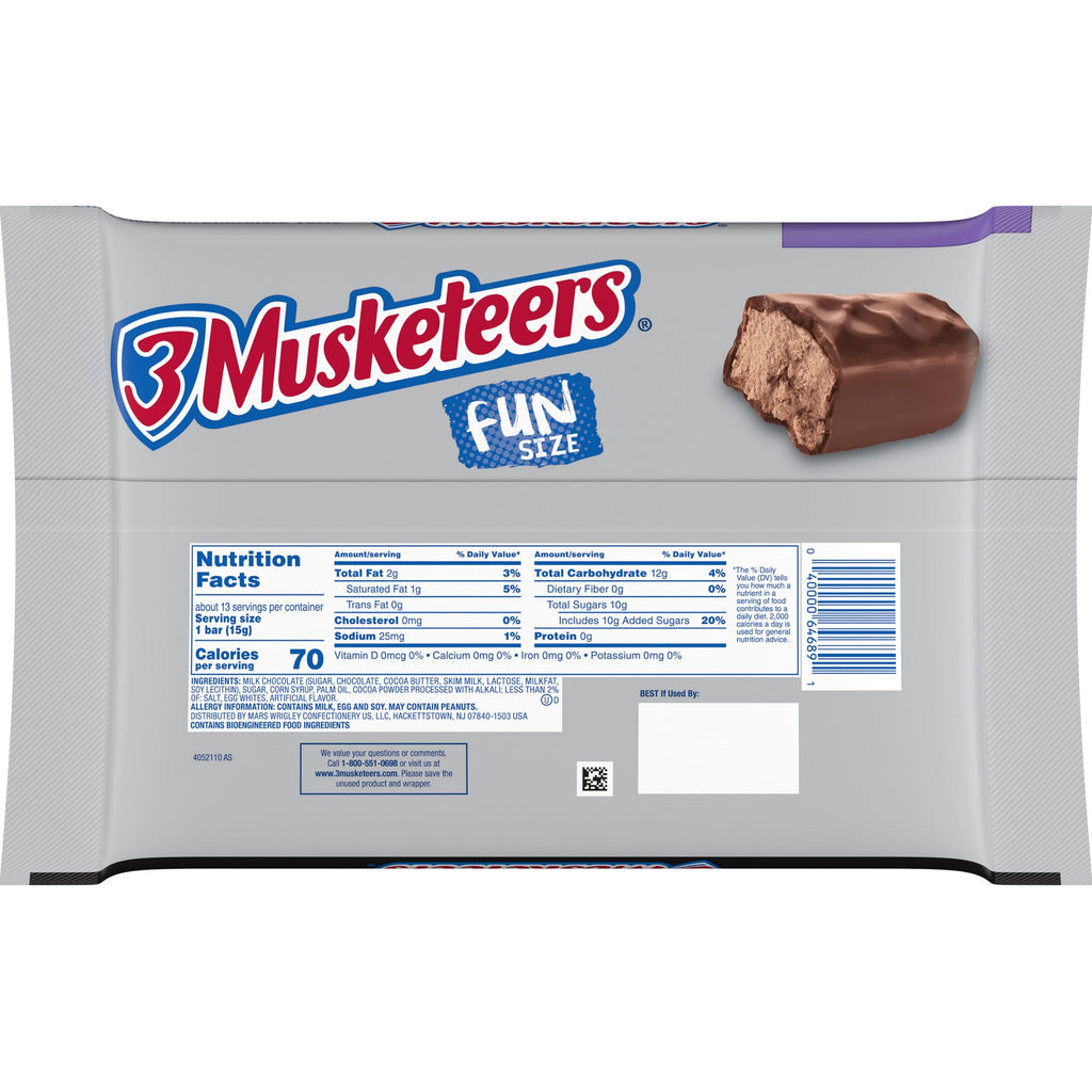 3 Musketeers Fun Size Chocolate Halloween Candy Bars, Treat Size - 7.34 oz Bag