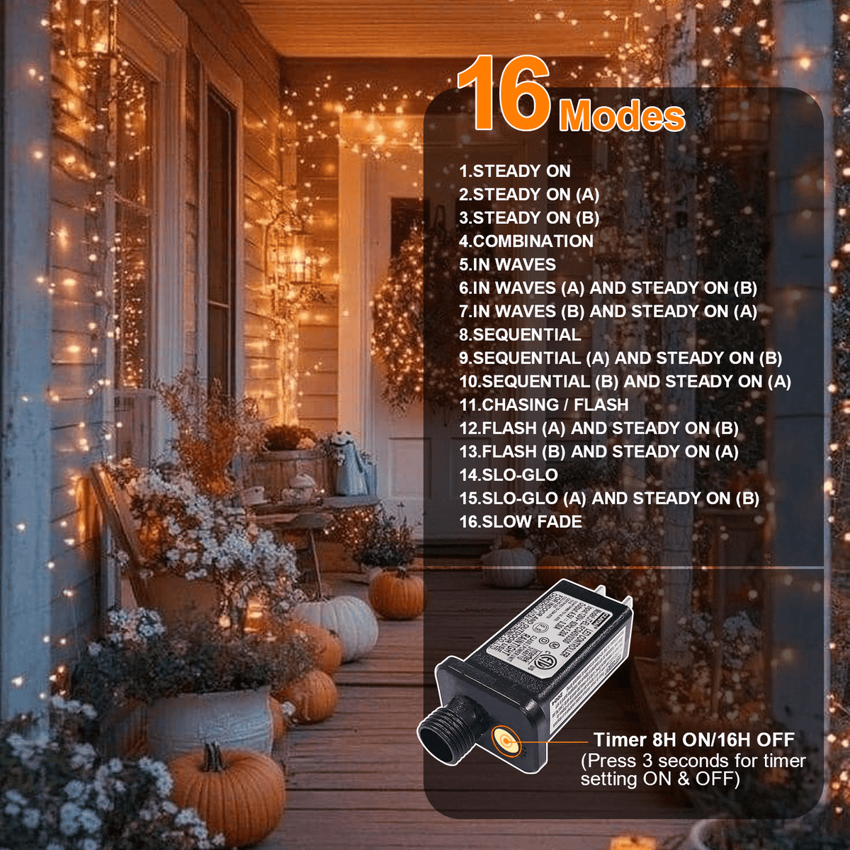 LAMPHOME Orange Halloween String Lights Outdoor, 32.5FT 100 LED Waterproof Christmas Lights with 16 Lighting Modes for Halloween Garden Party Christmas Xmas Tree Lights Decor
