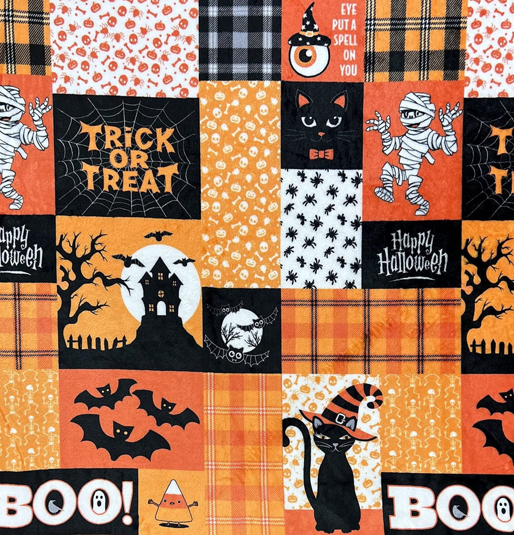 Serafina Home Halloween Throw Blanket: Fuzzy Boo! Jack O'Lantern Spider Webs Skull and Black Cats Print on Velvet Fleece for Sofa Bed Couch Chair Dorm