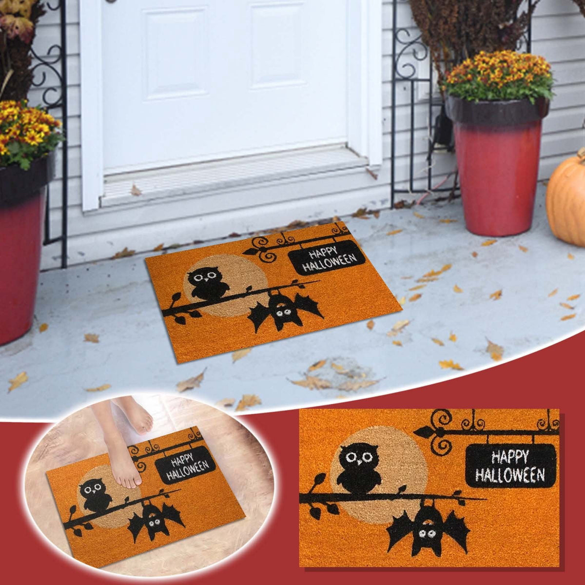 Wovilon Halloween Area Rug Doormat, Black Castle Front Door Mat Non Slip Rubber Backing, Happy Halloween Orange Indoor Outdoor Entrance Mats, Halloween Home Decor Outdoor Rug, 16 X 24 Inches