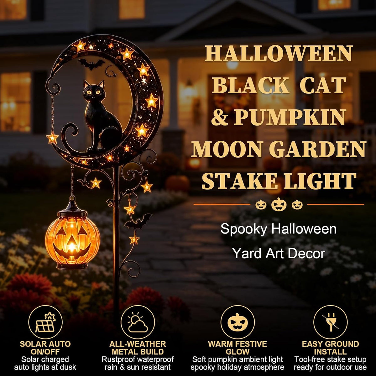 Solar Halloween Black Cat & Pumpkin Moon Garden Stake Light | Waterproof Metal Black Cat Yard Ornament, Auto On Off Solar Outdoor Light, Fall Halloween Decor Stake for Lawn Patio Pathway