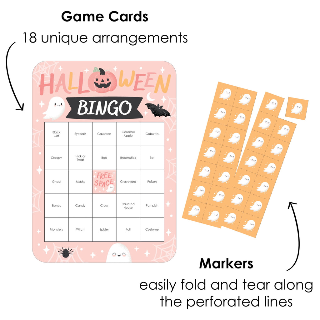 Big Dot of Happiness Pastel Halloween - Bingo Cards and Markers - Pink Pumpkin Party Bingo Game - Set of 18