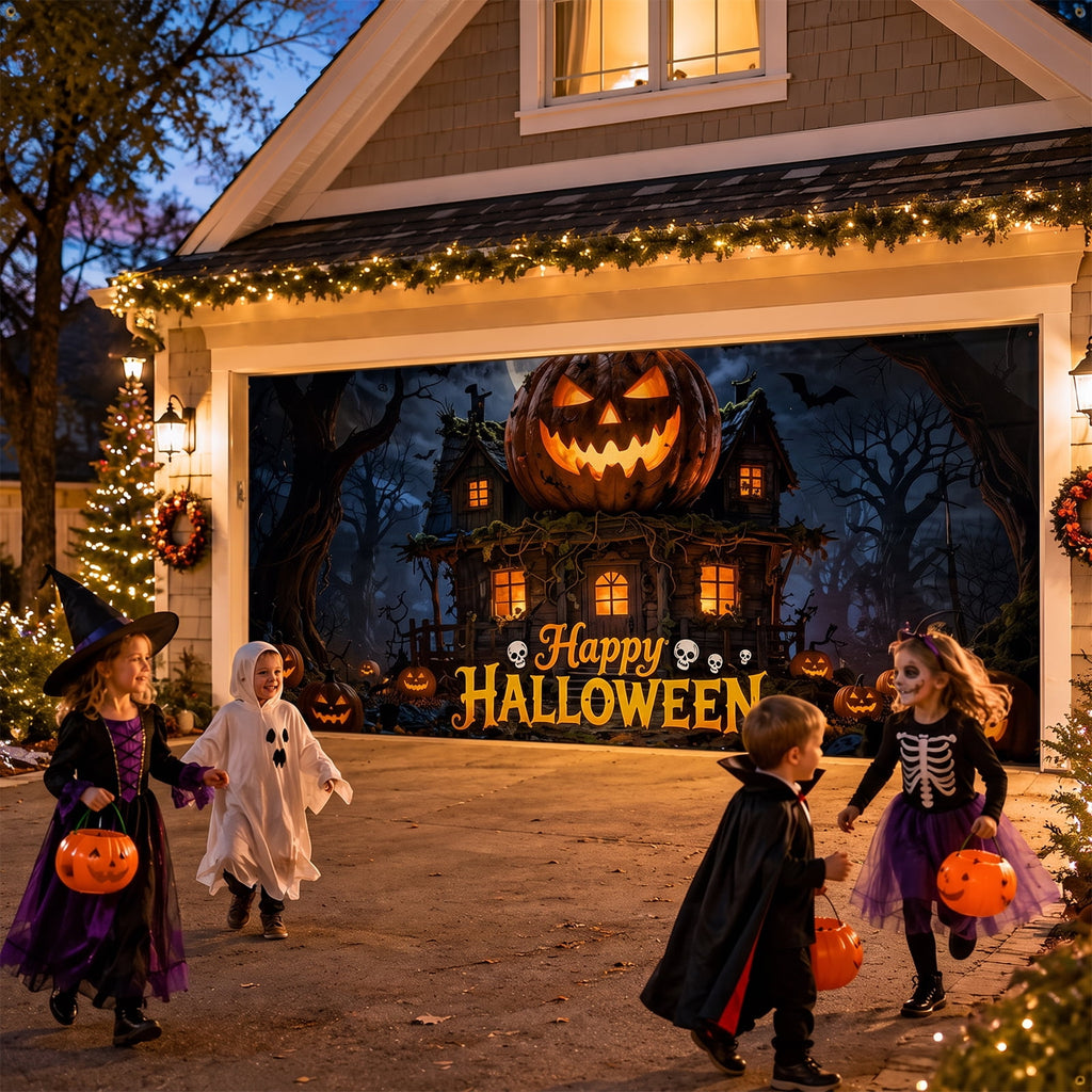 Lifestance Halloween Garage Door Banner, 16 x 7 ft Haunted Pumpkin Manor Garage Door Cover, Outdoor Halloween Decoration with Hanging Kit for Parties, Home & Yard Décor